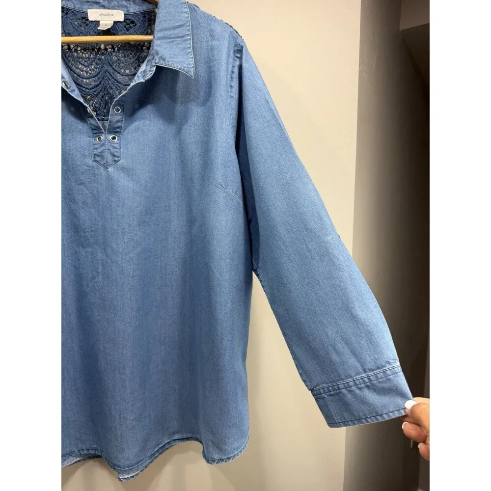 CJ BANKS Womens Plus 2X Blue Denim 3/4 Sleeve Collared Tunic Blouse Back Lace - Picture 3 of 12